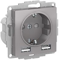 Розетка с заземлением +2xUSB тип A+A без рамки Systeme Electric AtlasDesign 1-м. алюминий картинка